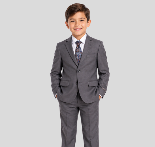 Boys 5-Piece Charcoal Gray Formal Suit Set – Jacket, Vest, Pants, White Dress Shirt & Paisley Tie