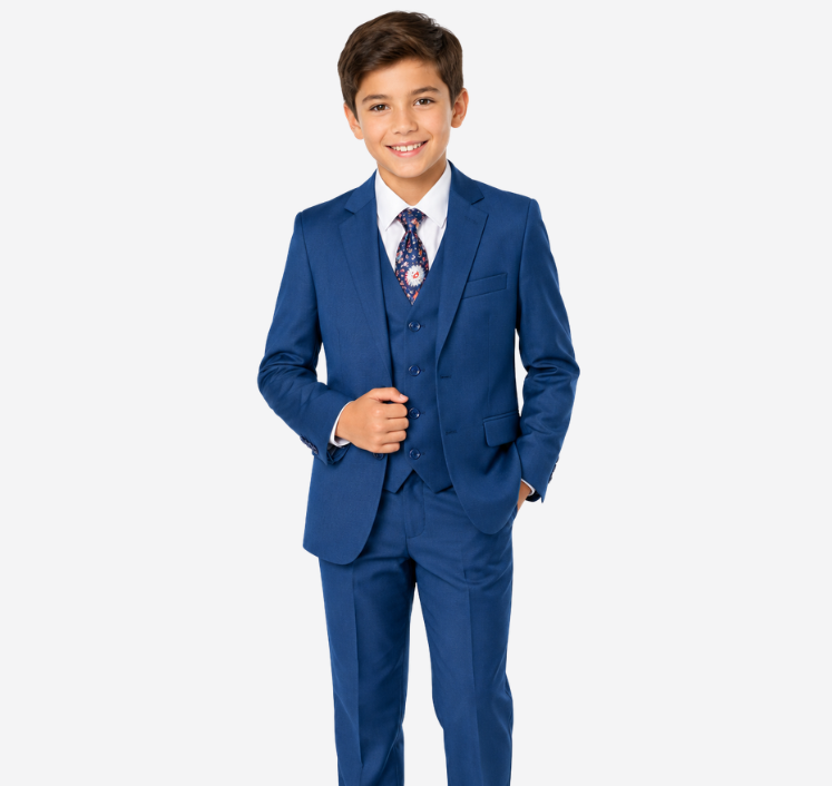 Boys 5-Piece Cobalt Blue Formal Suit Set – Jacket, Vest, Pants, White Dress Shirt & Paisley Tie