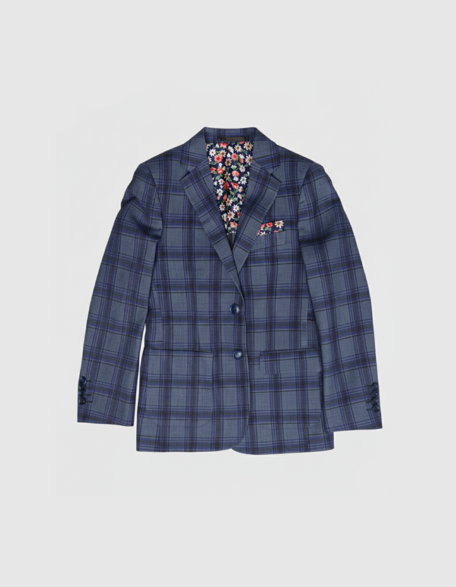 Boy's Blue Plaid Textured Suit Blazer