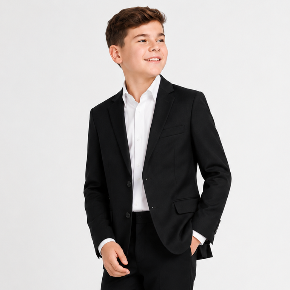 Young boy wearing a black suit jacket and white shirt on a light gray background