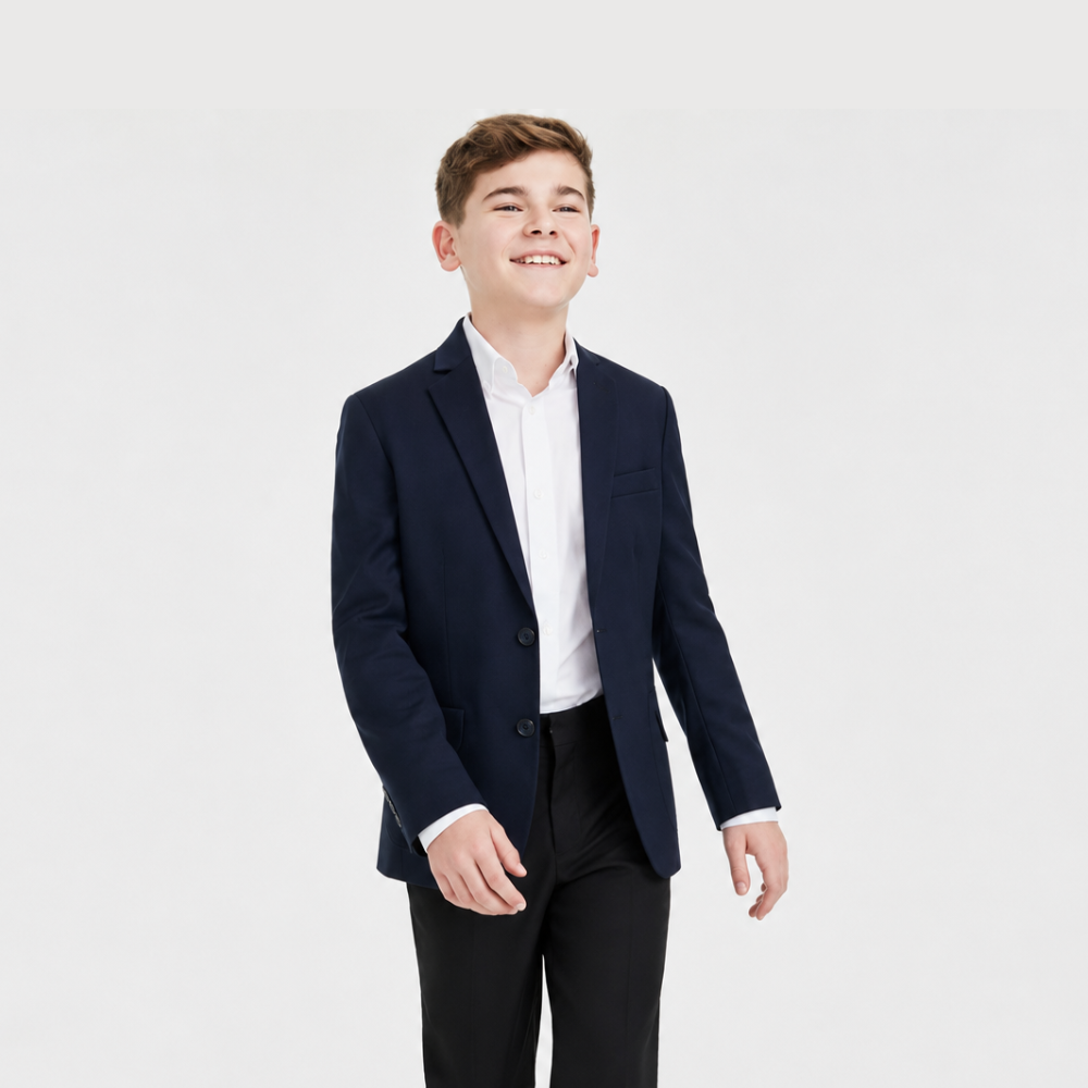 Young boy wearing a navy blazer over a white shirt and black pants on a light gray background