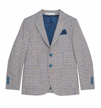 Checkered blazer with blue buttons on a white background