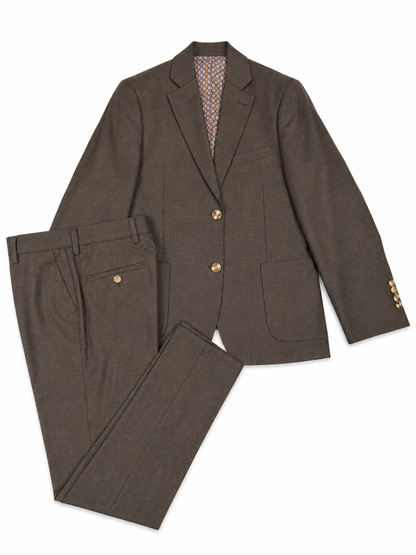 Brown suit jacket and pants with gold buttons on a white background