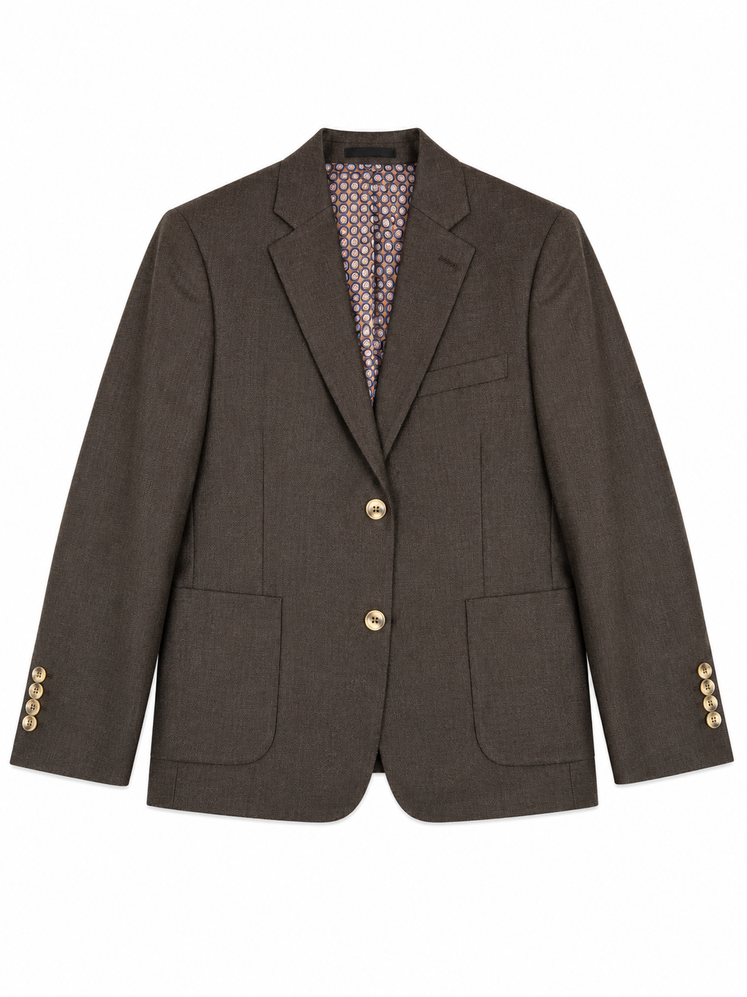 Brown blazer with gold buttons on a white background
