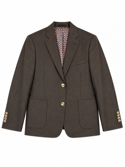 Brown blazer with gold buttons on a white background
