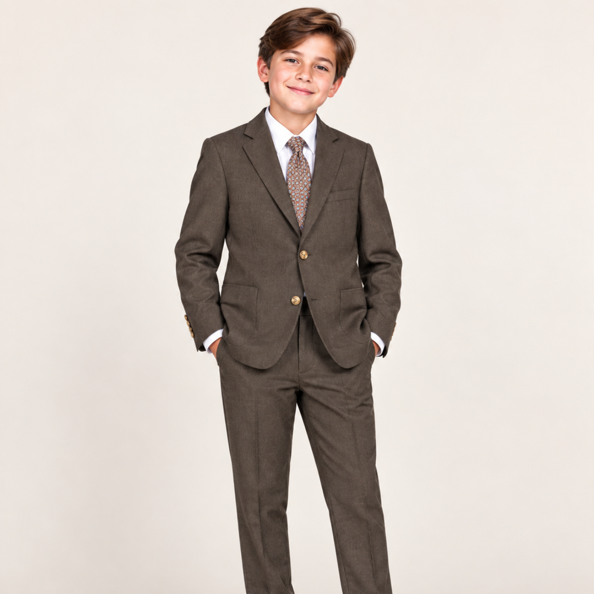 Boy's Brown Textured Two-Piece Suit – Classic Tailored Fit