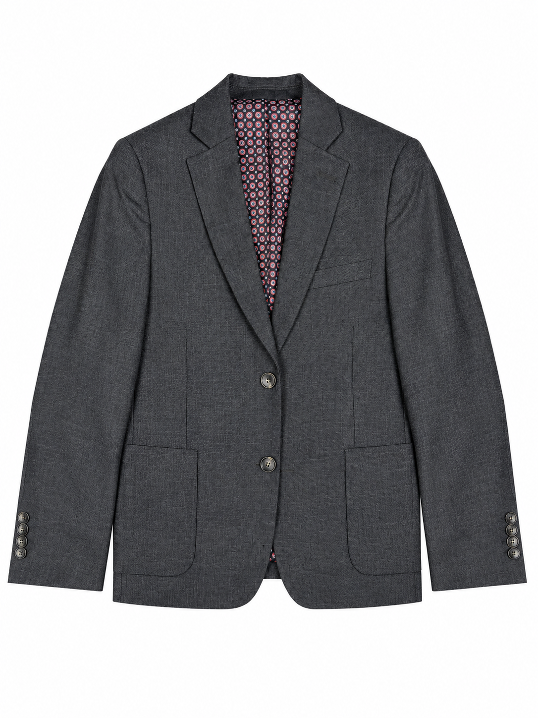 Gray blazer with patterned lining on a white background