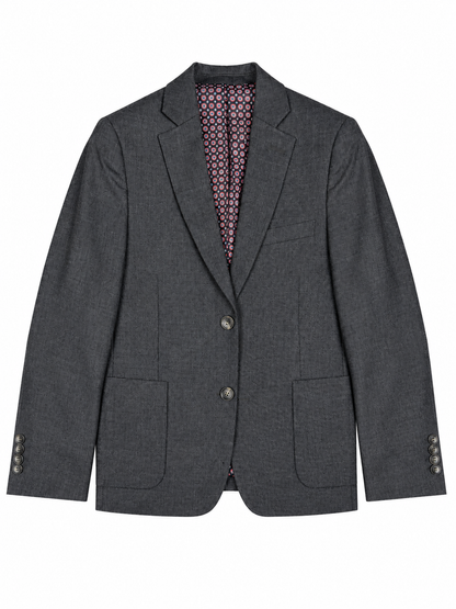 Gray blazer with patterned lining on a white background