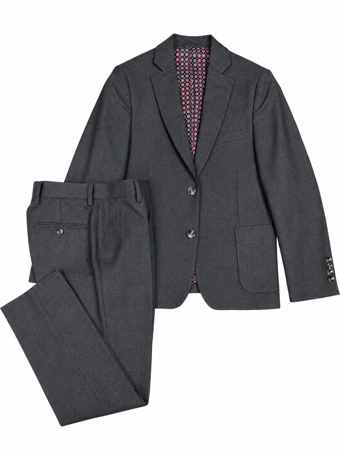 Gray suit jacket and pants on a white background