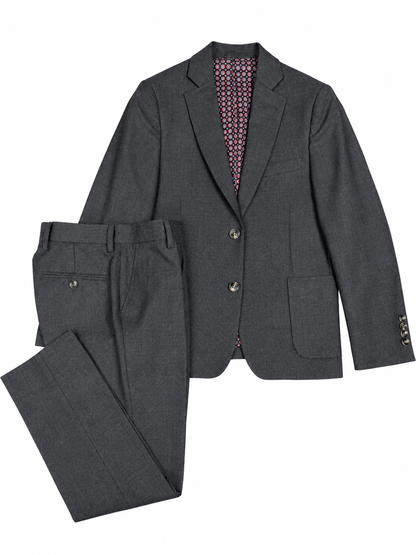 Gray suit jacket and pants on a white background