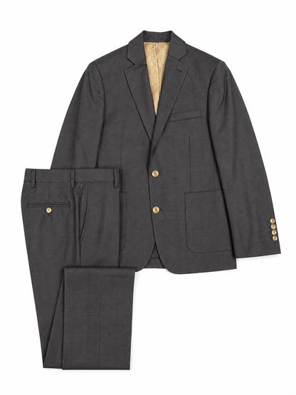 Boy's Charcoal Gray Glen Plaid Two-Button Blazer with Gold Buttons