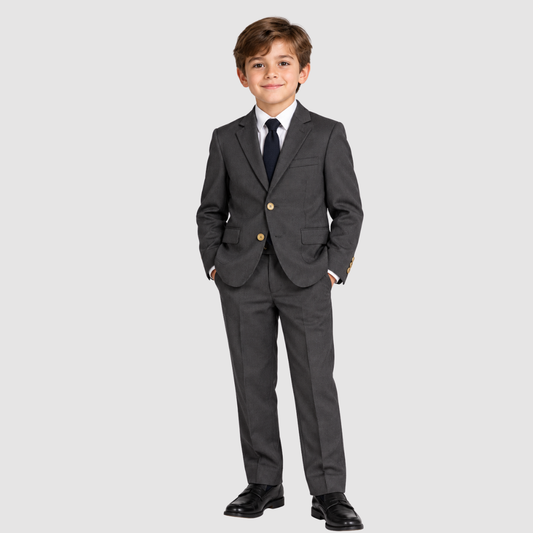 Boy's Charcoal Gray Glen Plaid Two-Button Blazer with Gold Buttons