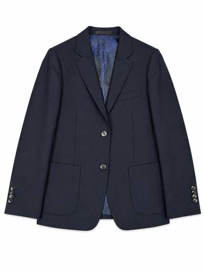 Navy blazer with button details on a white background