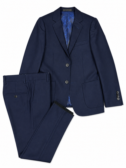 Navy blue suit jacket and pants on a white background