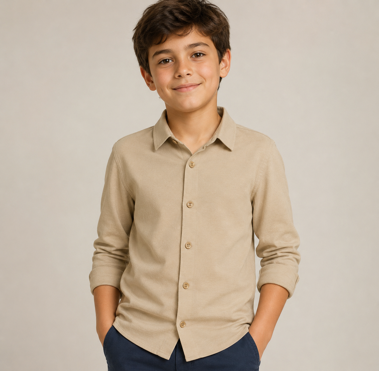 Boy's Premium 4-Way Stretch Long Sleeve Beige Color Shirt