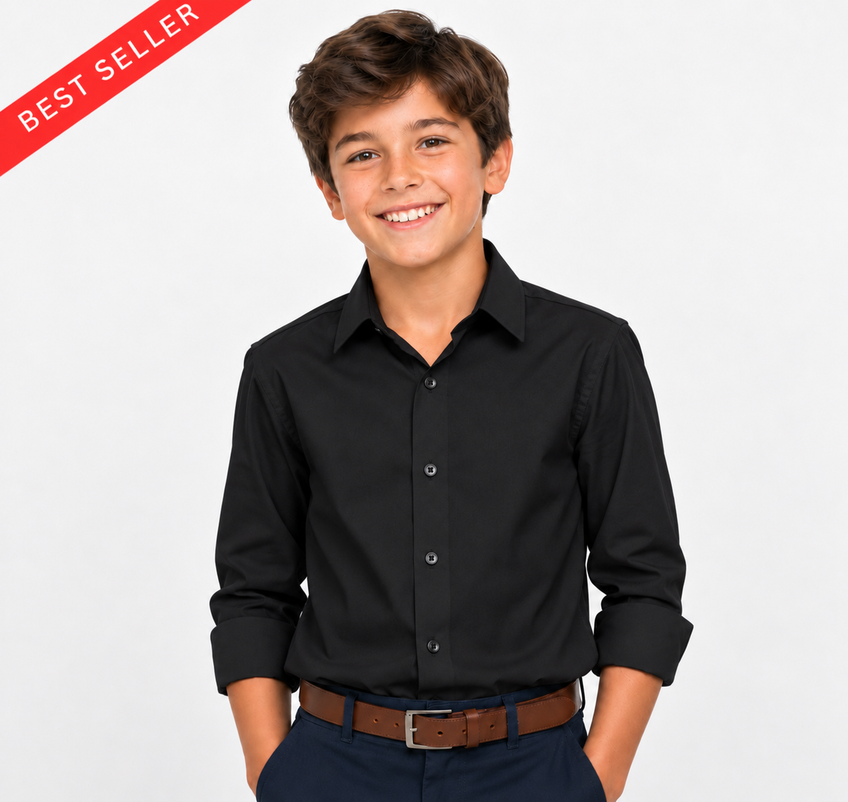 A smiling young boy wearing a black long-sleeve button-down shirt, navy pants, and a brown belt, posed against a light gray background with a red 'BEST SELLER' banner in the top-left corner.