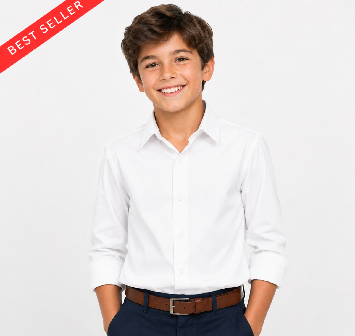 A smiling young boy wearing a long-sleeve white button-down dress shirt, dark navy trousers, and a brown leather belt, photographed against a clean white studio background. A red diagonal 'BEST SELLER' banner is visible in the top-left corner.