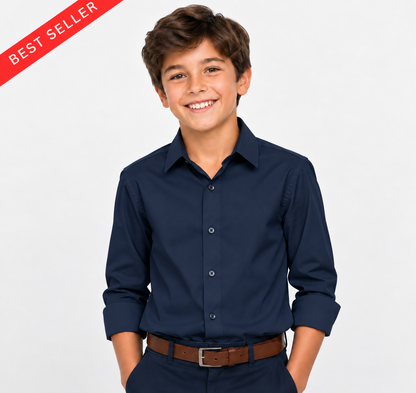 A smiling young boy wearing a dark navy blue long-sleeve button-down shirt, paired with a brown belt and matching navy pants, set against a plain light gray background with a red 'BEST SELLER' banner in the top-left corner.