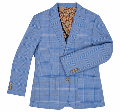 Blue checkered blazer with gold buttons on a white background