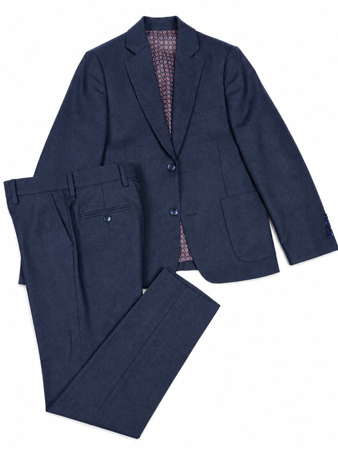 Navy blue suit jacket and pants on a white background