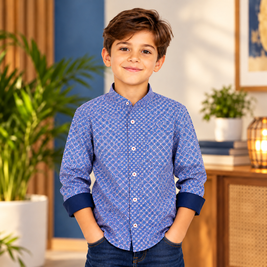 Boys Blue Geometric Print Long Sleeve Button-Up Shirt