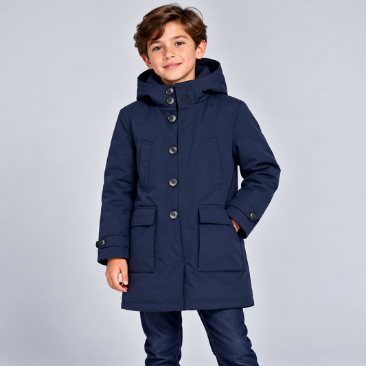 Boys Navy Blue Hooded Winter Parka Coat with Utility Pockets