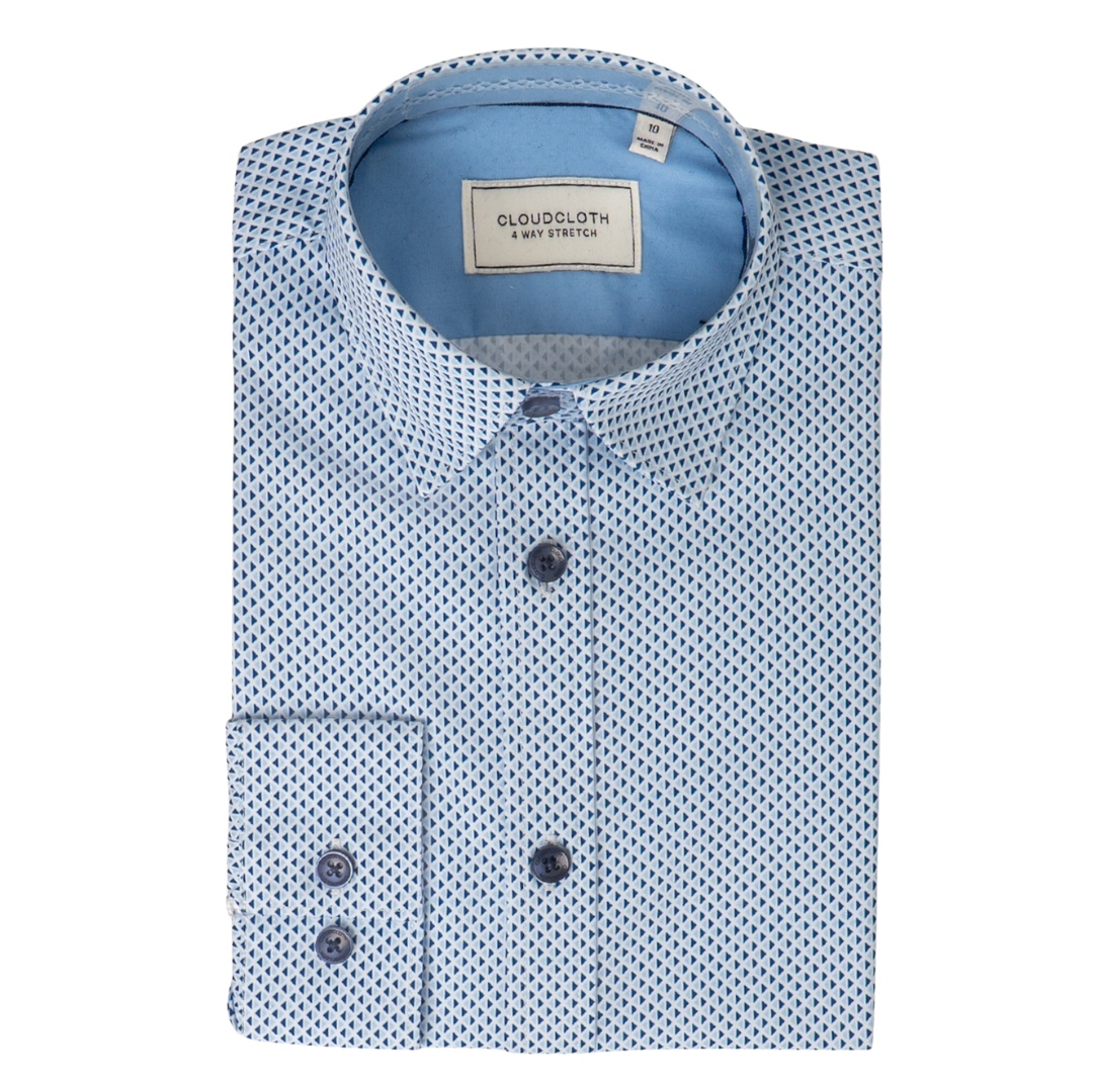 Boys 4-Way Stretch Long Sleeve Shirt with Blue Geometric Print