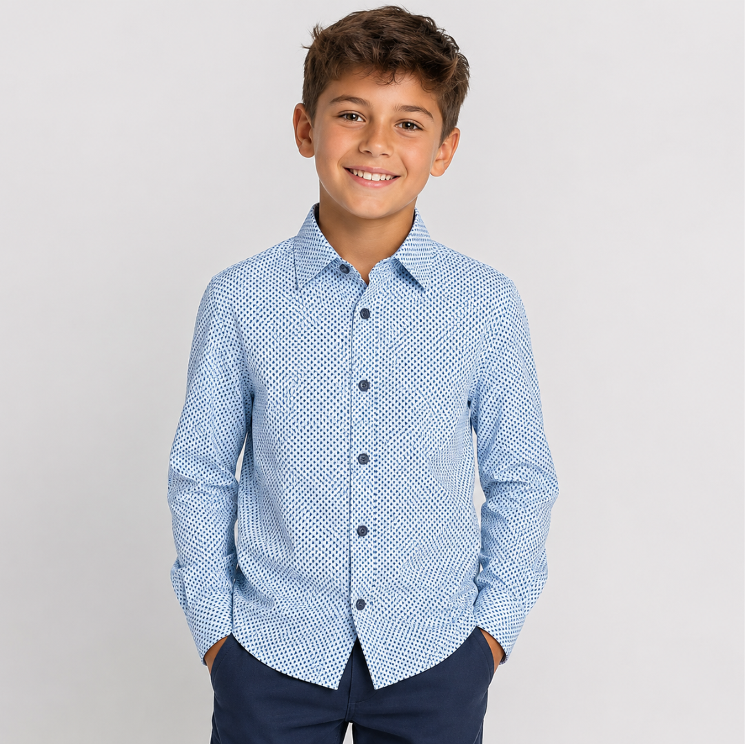 Boys 4-Way Stretch Long Sleeve Shirt with Blue Geometric Print1