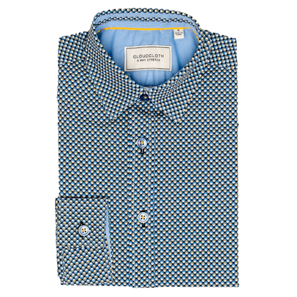 Folded blue patterned shirt with Cloud9 label on a white background