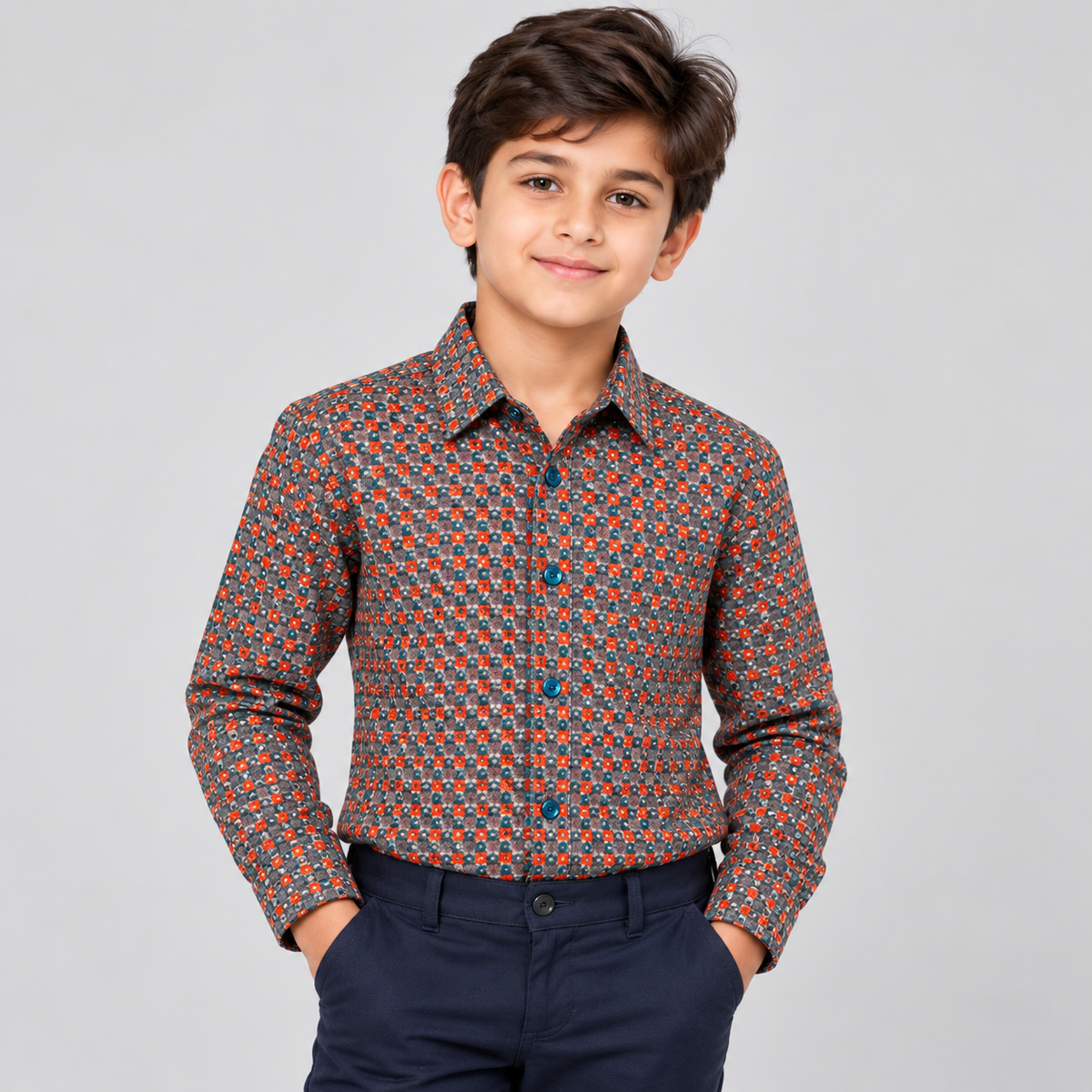 Boys 4-Way Stretch Long Sleeve Shirt with Multicolor Geometric Print
