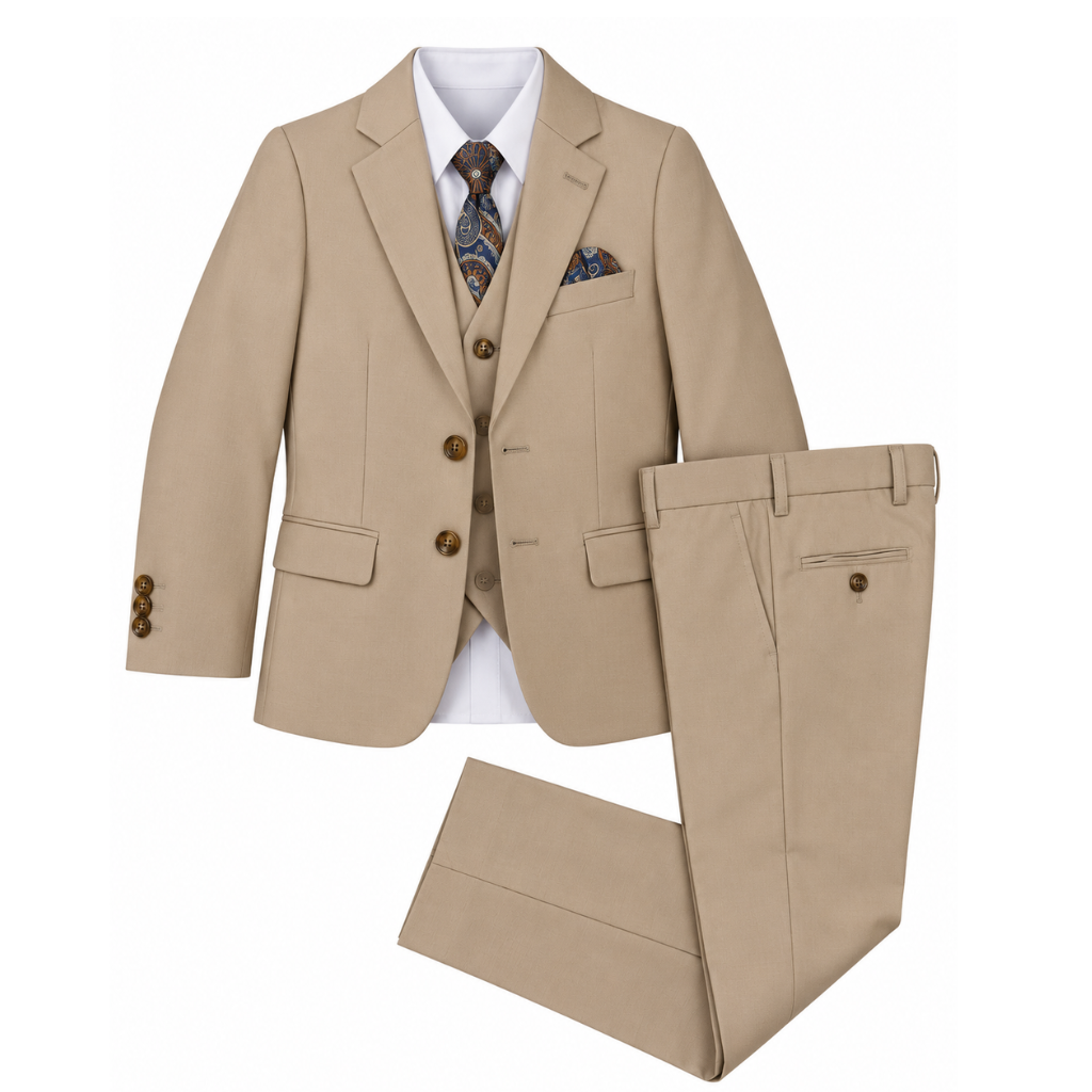 A boys' three-piece suit set in tan/beige, including a blazer, matching vest, and trousers, styled with a white dress shirt, a patterned tie, and a matching pocket square on a plain white background.