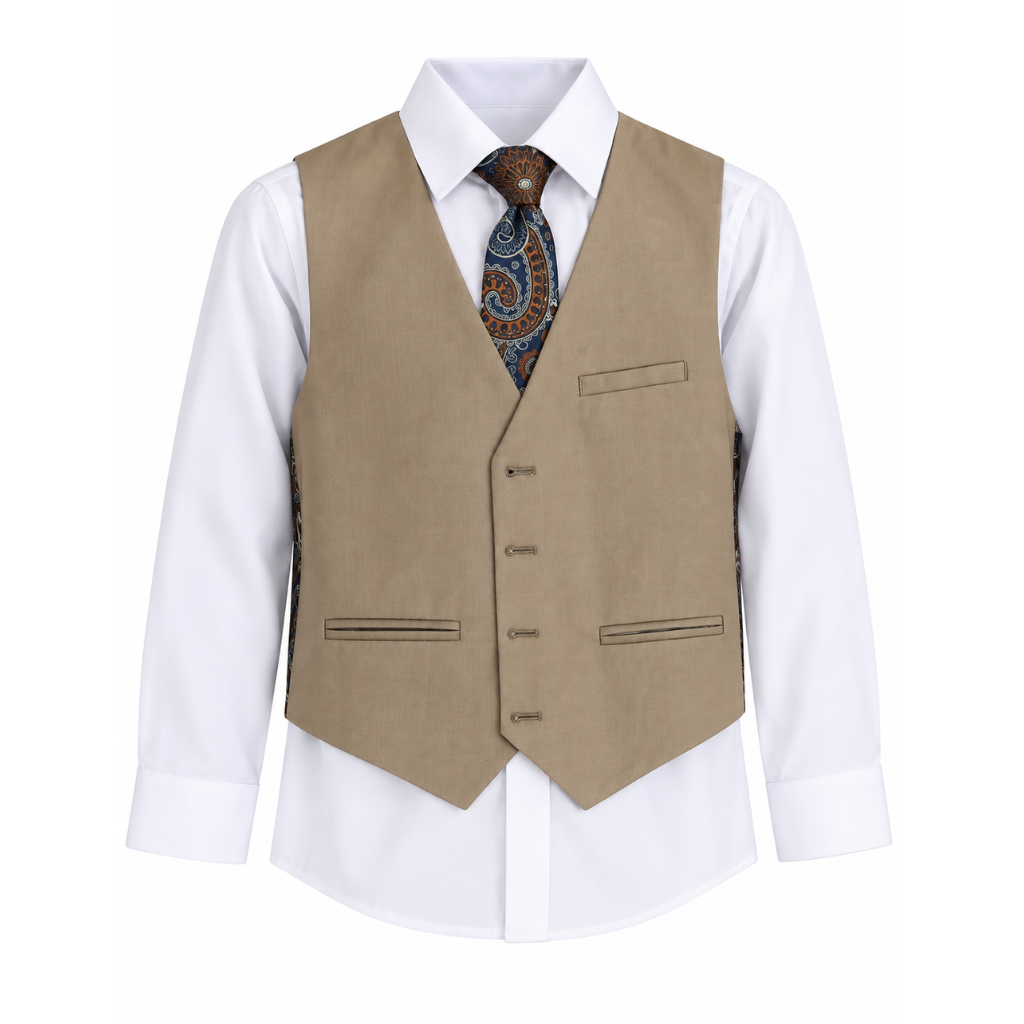 A kids' formal outfit set featuring a tan waistcoat vest, a white long-sleeve dress shirt, and a brown paisley patterned tie, displayed on a white background.