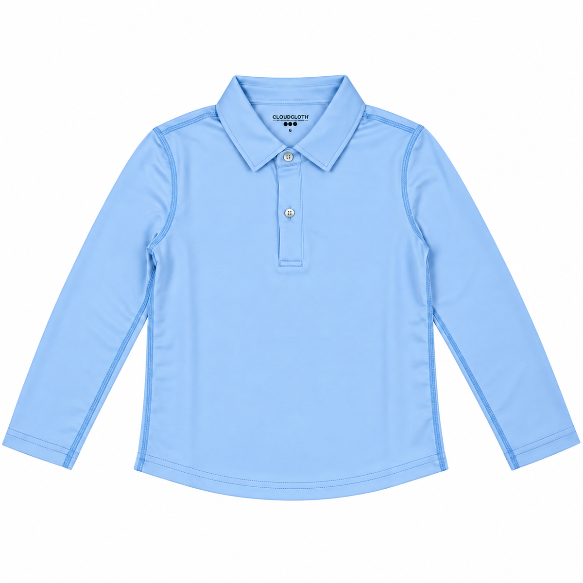 A light blue long-sleeve polo shirt for kids, featuring a classic collar, a three-button placket, and subtle contrast stitching, shown flat on a white background.