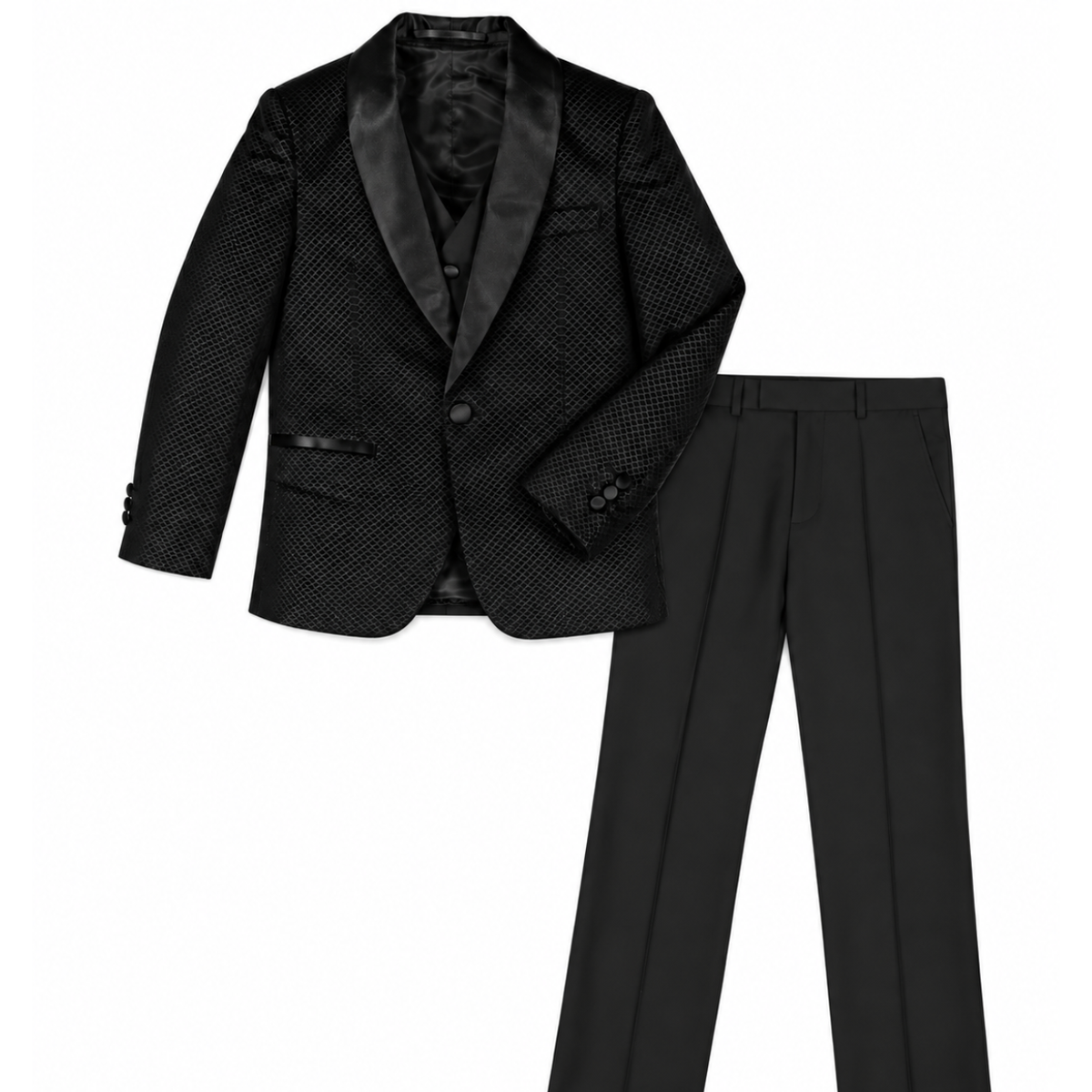 A two-piece kids' formal suit set consisting of a black textured blazer with a satin shawl collar and a matching black vest, paired with black trousers, shown on a plain white background.