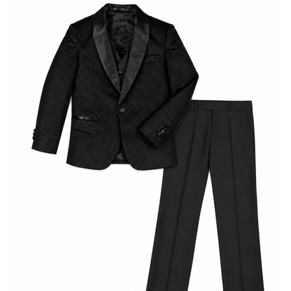 A two-piece kids' formal suit set consisting of a black textured blazer with a satin shawl collar and a matching black vest, paired with black trousers, shown on a plain white background.