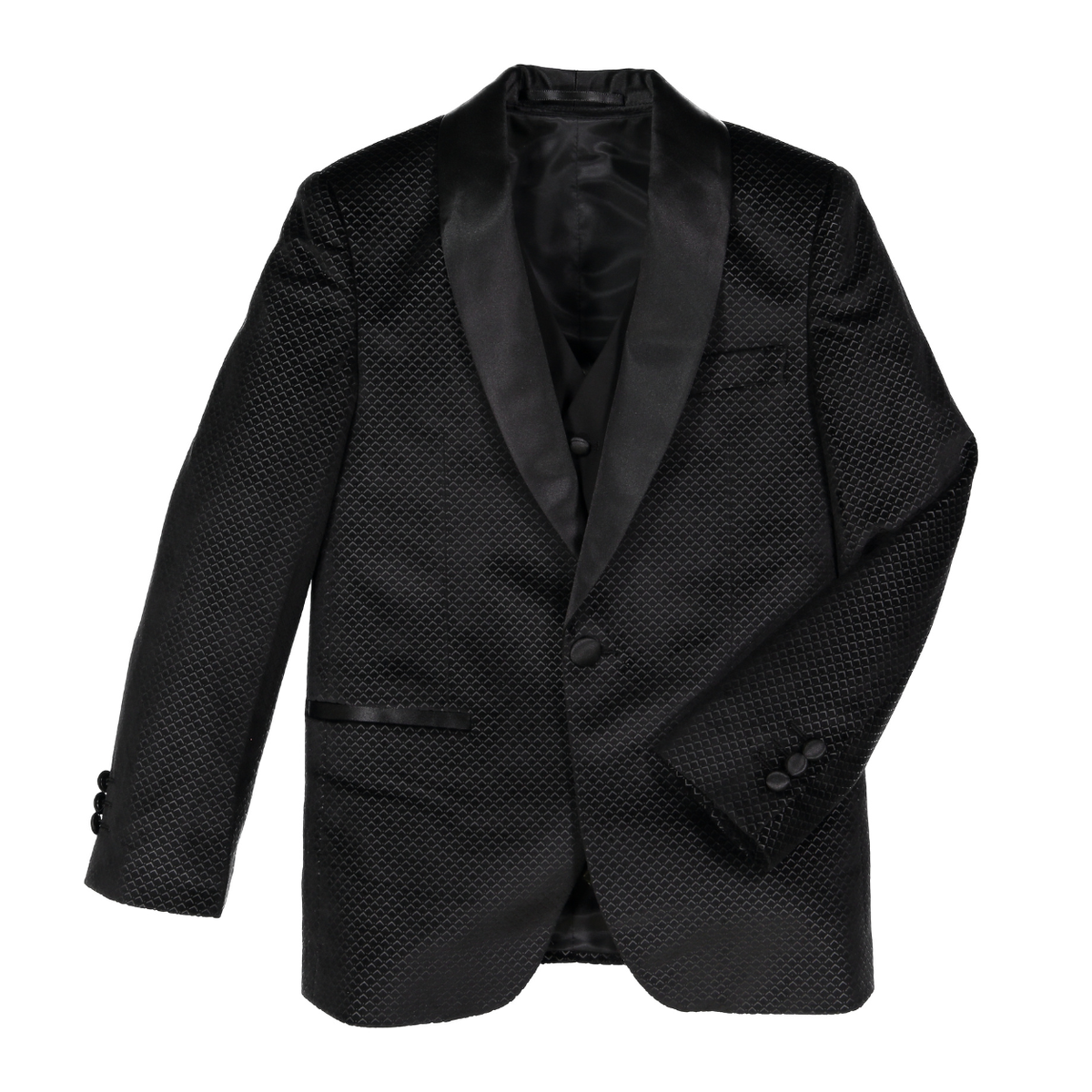 A black boys' tuxedo jacket featuring a textured micro-dot pattern and contrasting black satin shawl collar, shown on a plain white background.