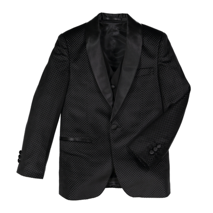 A black boys' tuxedo jacket featuring a textured micro-dot pattern and contrasting black satin shawl collar, shown on a plain white background.