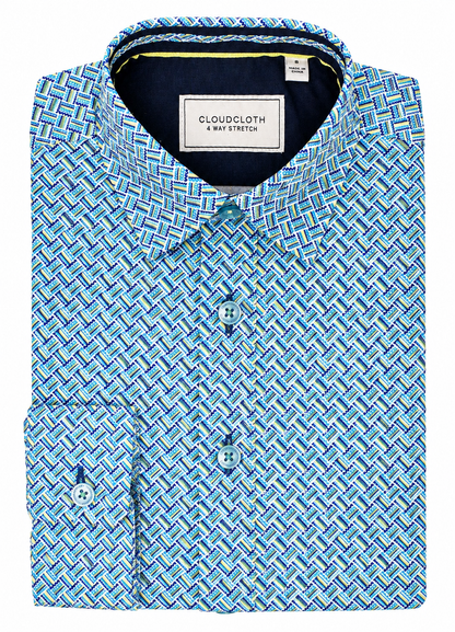 Folded blue patterned shirt with CloudCloth label on a white background