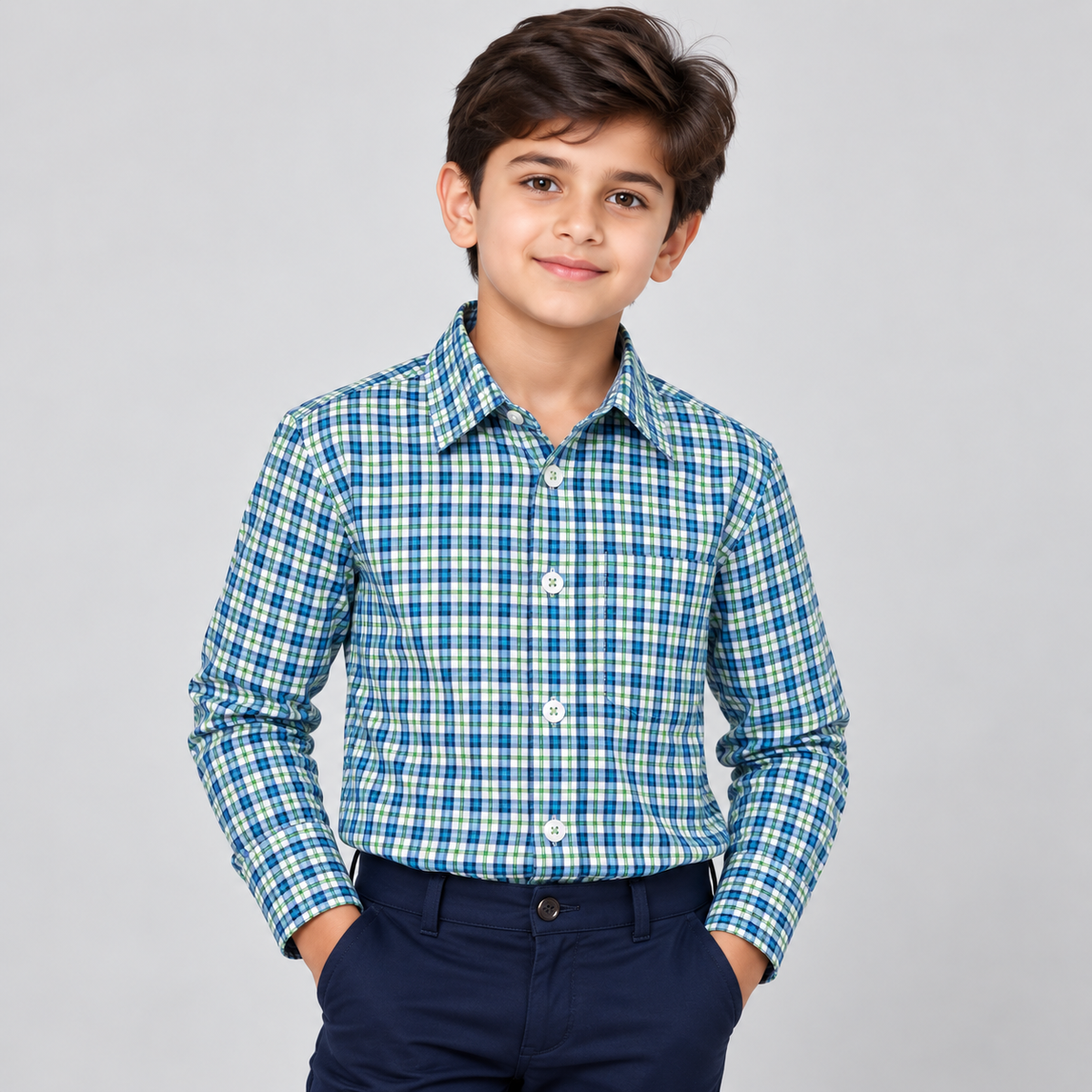 Boys Blue & Green Plaid 4-Way Stretch Long Sleeve Shirt