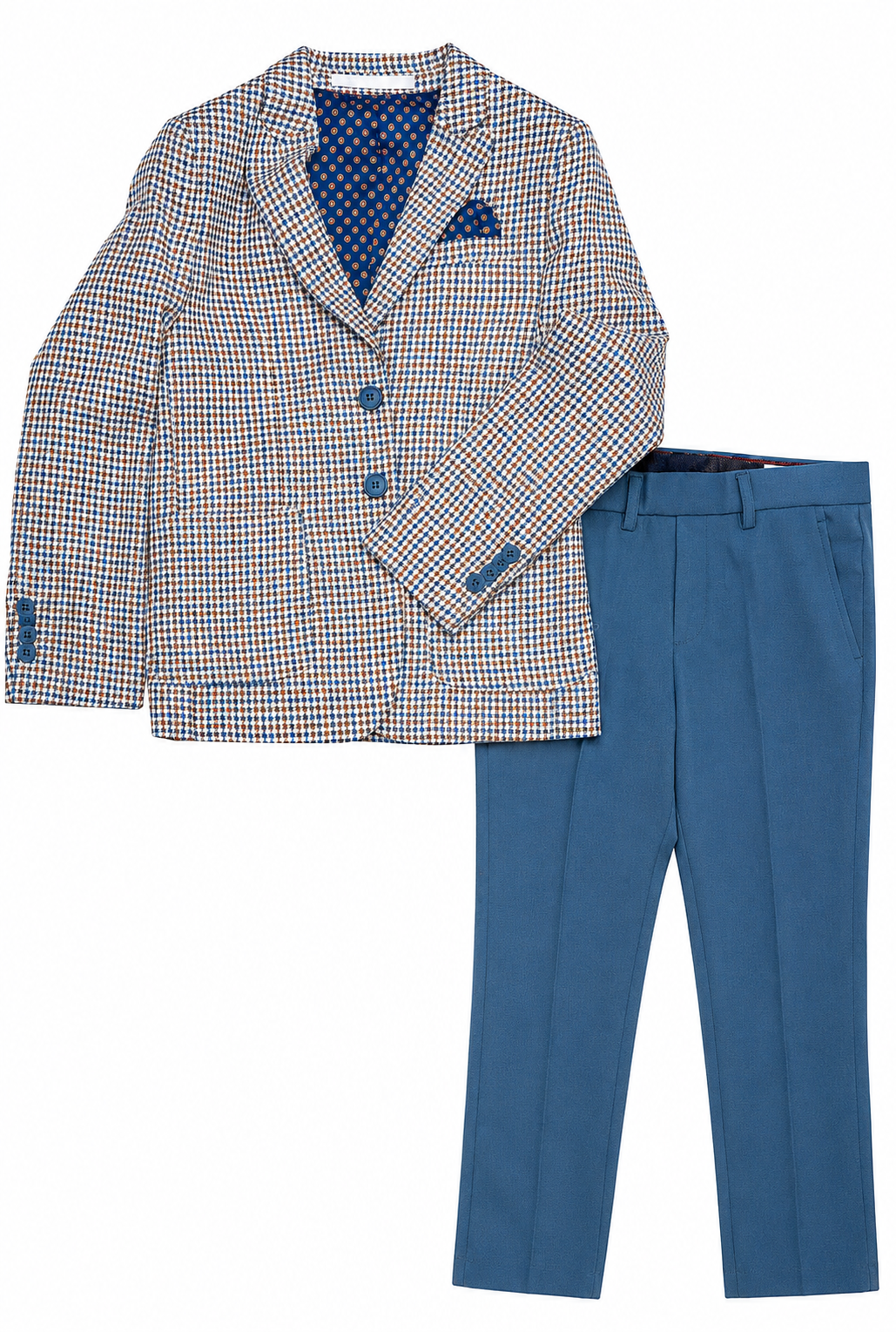 Children's checkered blazer and blue pants on a white background