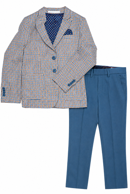 Children's checkered blazer and blue pants on a white background