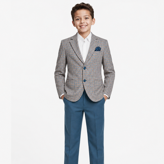 Boys Blue Houndstooth Blazer & Trouser Suit Set