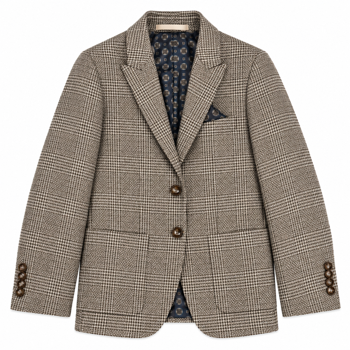 A men's single-breasted blazer in a brown and beige houndstooth pattern, featuring a notched lapel, two brown buttons, and a matching pocket square, displayed on a clean white background.