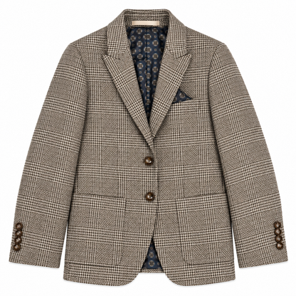 A men's single-breasted blazer in a brown and beige houndstooth pattern, featuring a notched lapel, two brown buttons, and a matching pocket square, displayed on a clean white background.
