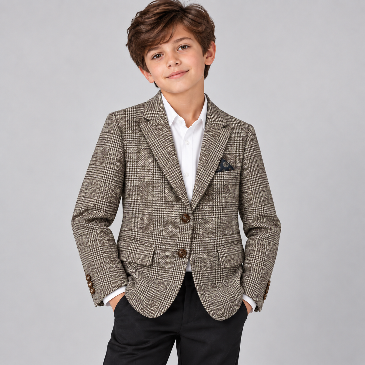 Boys’ Brown Woven Textured Check Blazer