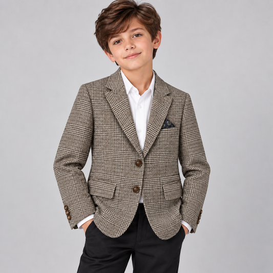 Boys’ Brown Woven Textured Check Blazer