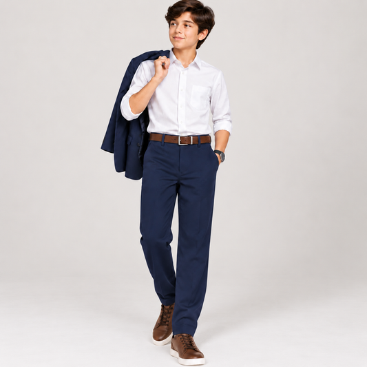 A young man modeling a white long-sleeve button-down shirt, navy blue dress pants, a brown leather belt, and brown lace-up shoes, with a navy blazer draped over his shoulder, against a light gray studio background.