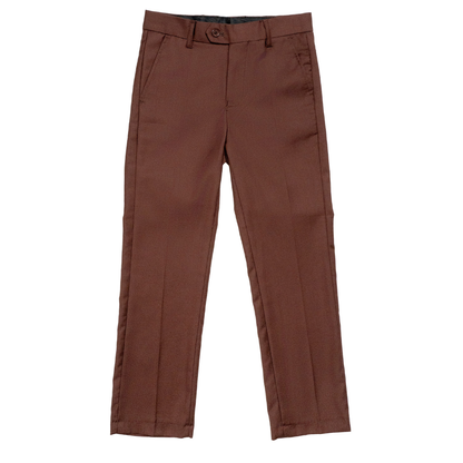 A pair of brown slim-fit trousers shown flat against a plain white background.