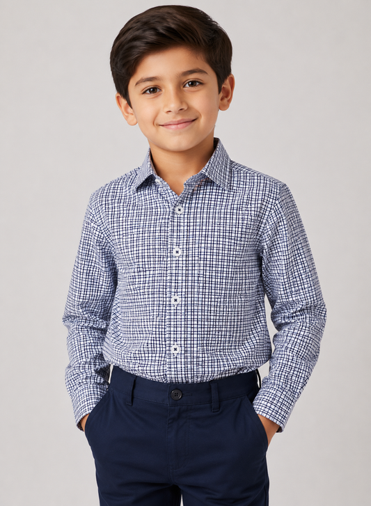 Boys Grey & Navy Micro Check Full Sleeve Cotton Shirt