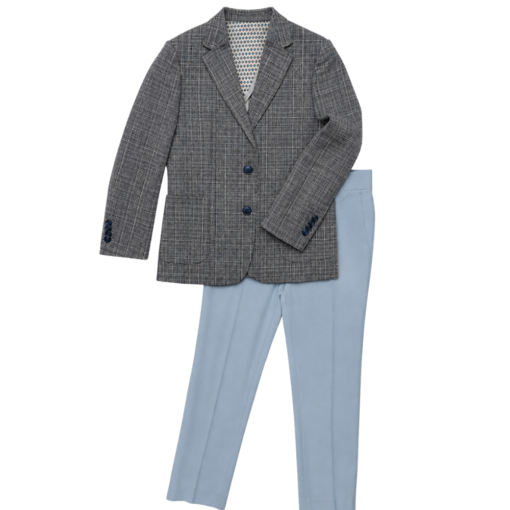 Gray checkered blazer and light blue pants on a white background